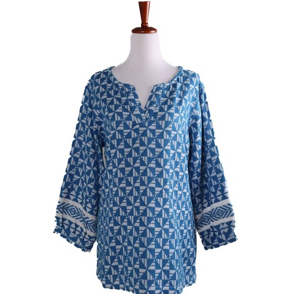 SOFT SURROUNDINGS Blue Geometric Print Tunic Sz Medium Narah Top Cotton Blend - Picture 4 of 9